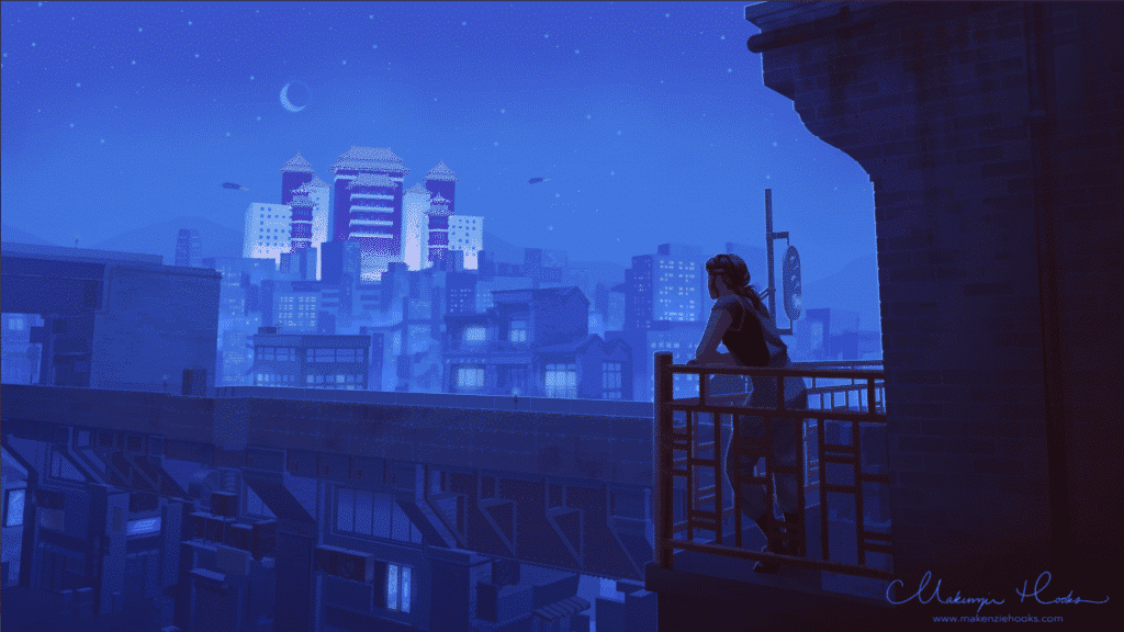 Cinder gazes at the palace from her home in New Beijing.